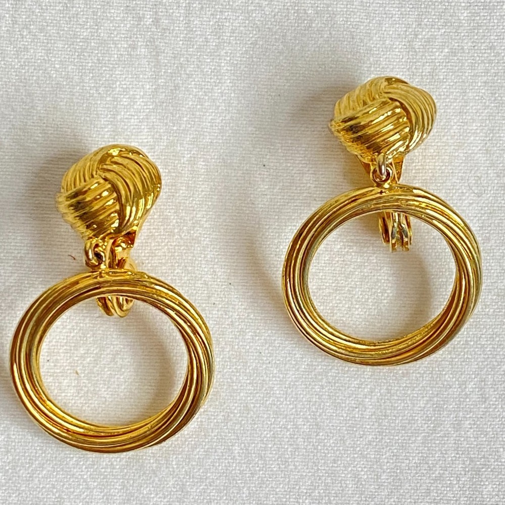 💎Gold Tone Love Knot Twisted Ring Dangle Clip On Earrings Non Pierced